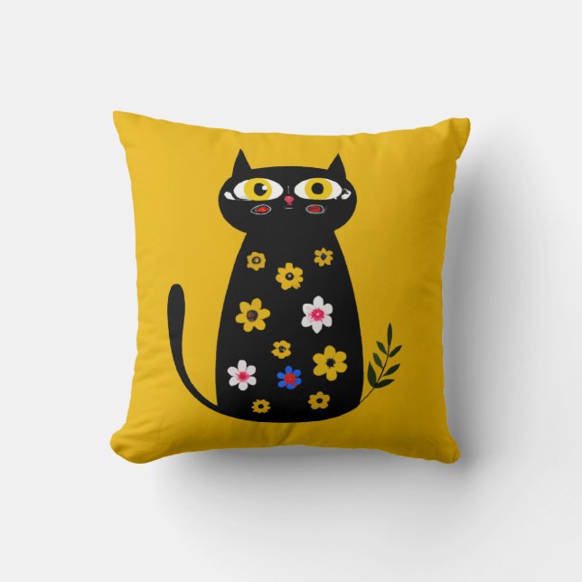 Cute Black Floral Cat  Cushion (Front)