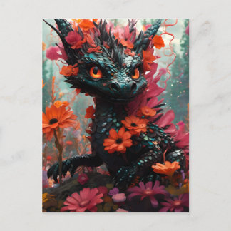Cute Black Floral Dragon Postcard