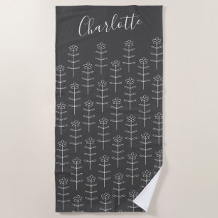 Cute Black Floral Line Art Personalised    Beach Towel