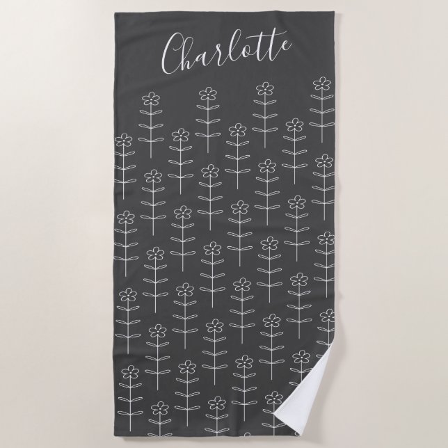 Cute Black Floral Line Art Personalised    Beach Towel (Front)