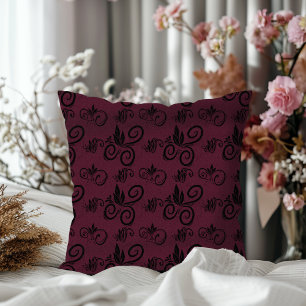 Cute Black Floral Vintage Pattern Dark Burgundy Cushion