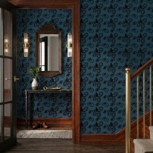 Cute Black Floral Vintage Pattern Dark Dusty Blue Wallpaper