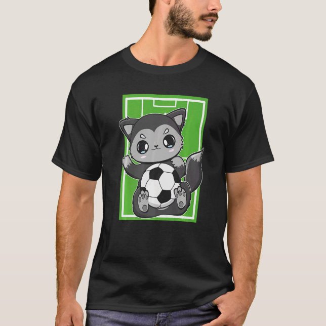 Cute Black Fox With Soccer Plays Football Team Spo T-Shirt (Front)