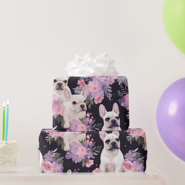 Cute Black French Bulldog Floral Wrapping Paper (Party Gifts)