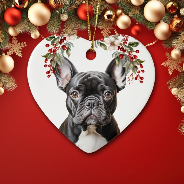 Cute Black French Bulldog Holly Berry Christmas Ceramic Ornament (Creator Uploaded)