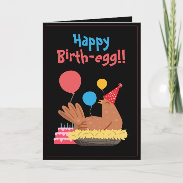 Cute Black Funny Chicken and Cake Humour Birthday Card (Front)