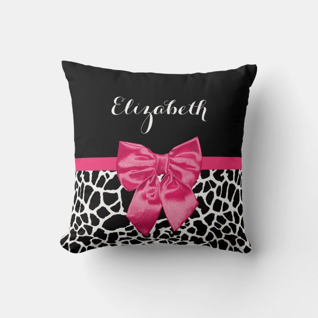 Cute Black Giraffe Print Girly Pink Bow and Name Cushion (Front)