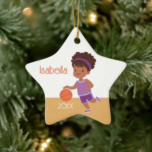 Cute Black Girl Basketball Personalised Ceramic Ornament