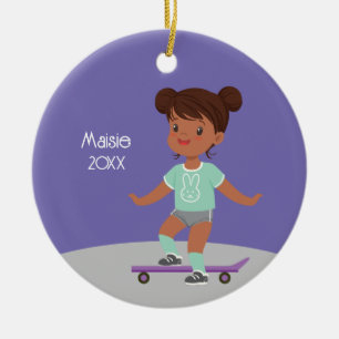 Cute Black Girl Skateboard Ceramic Ornament