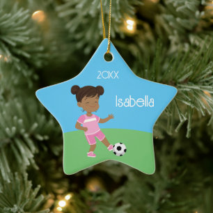 Cute Black Girl Soccer Personalised Christmas Cera Ceramic Ornament