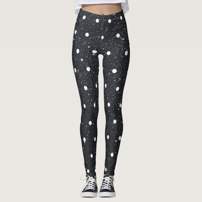 Cute Black Glitter White Polka Dot Pattern Trendy Leggings (Front)