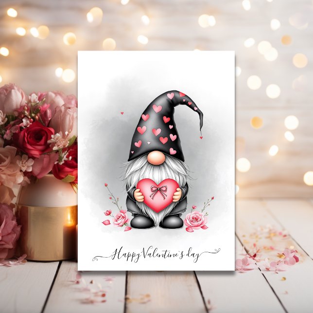 Cute Black Gnome With Pink Heart Valentines day Holiday Card (Cute Black Gnome With Pink Heart Valentines day Holiday Card)