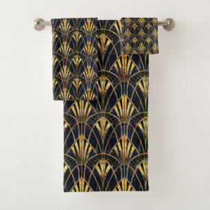 Cute black gold art deco tiled pattern bath towel set