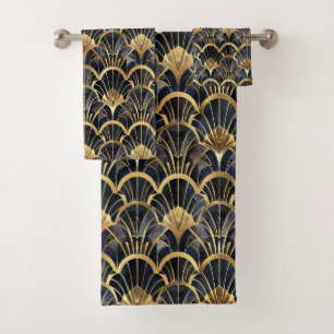 Cute black gold art deco tiled pattern bath towel set