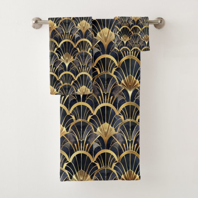 Cute black gold art deco tiled pattern  bath towel set (Insitu)