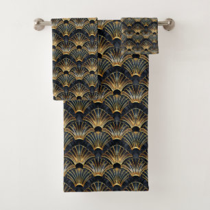 Cute black gold art deco tiled pattern bath towel set