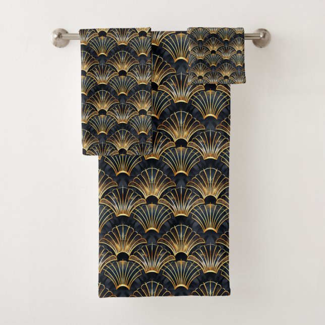Cute black gold art deco tiled pattern  bath towel set (Insitu)