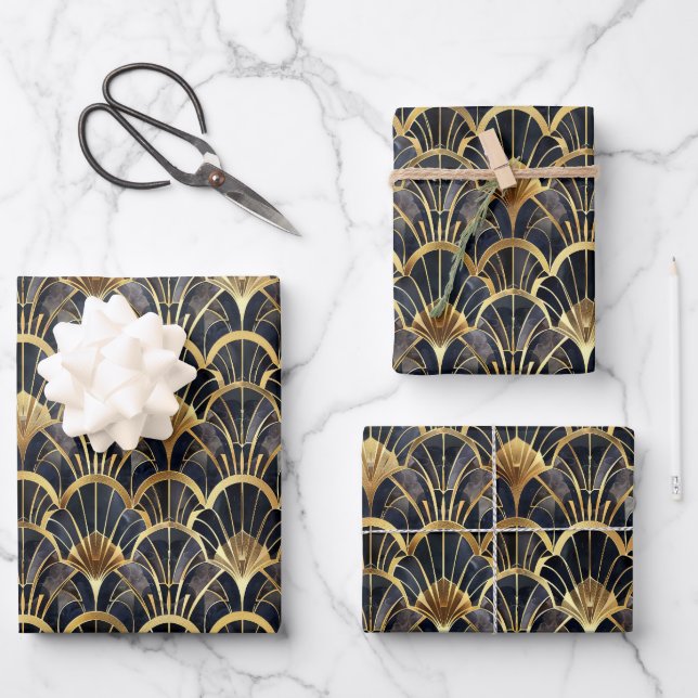cute black gold art deco tiled pattern  wrapping paper sheet (Front)
