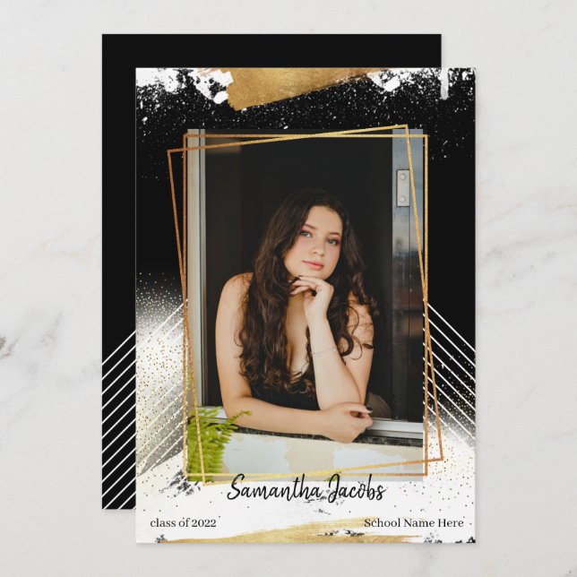 Cute Black & Gold Framed Graduation Announcement (Front/Back)