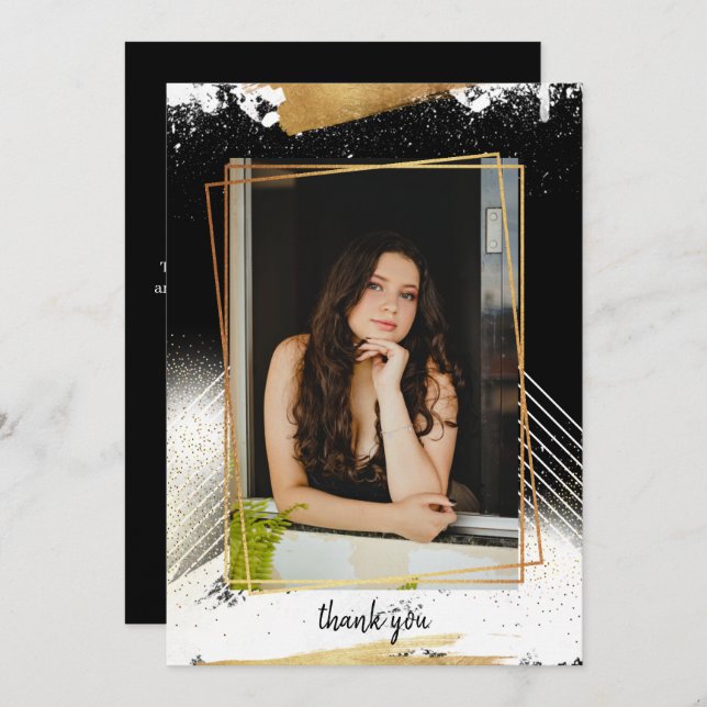Cute Black & Gold Framed Graduation Thank You Card (Front/Back)