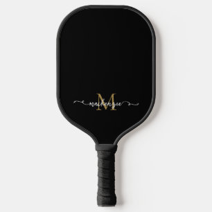 Cute Black Gold Script Typography Monogram Pickleball Paddle