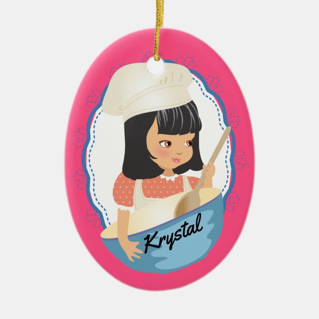 Cute black hair girl chef culinary Christmas Ceramic Ornament (Front)