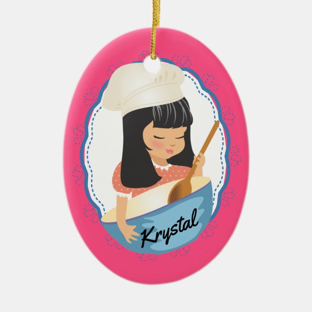 Cute black hair girl chef personalised Christmas Ceramic Ornament (Front)