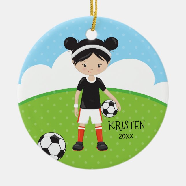 Cute Black Hair Girl Soccer Personalised Christmas Ceramic Ornament (Front)
