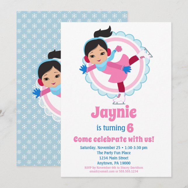 Cute Black Hair Ice Skating Birthday Party Invitation (Front/Back)