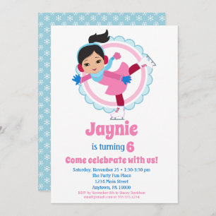 Cute Black Hair Ice Skating Birthday Party Invitation