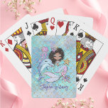 Cute Black Hair Mermaid Custom Name Girl Birthday Playing Cards<br><div class="desc">Black hair mermaid playing cards for a girl's birthday with blue,  pink,  and gold colours. Personalised with the kid's name or any custom text. It features a cute dolphin,  turtle,  star,  castle,  and sea creatures with faux glitter scales on the background.</div>