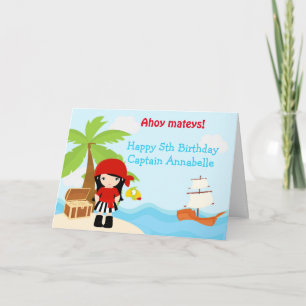 Cute Black Hair Pirate Girl Birthday Party Card