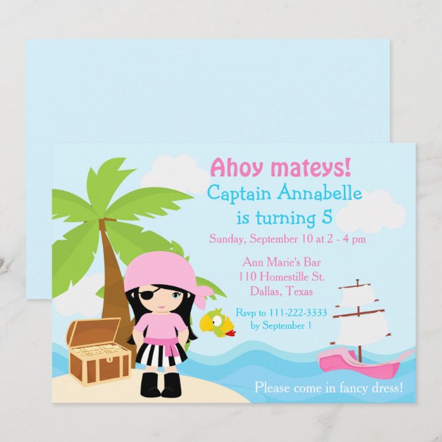 Cute Black Hair Pirate Girl Birthday Party Invitation (Front/Back)
