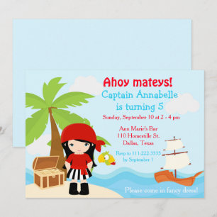 Cute Black Hair Pirate Girl Birthday Party Invitation