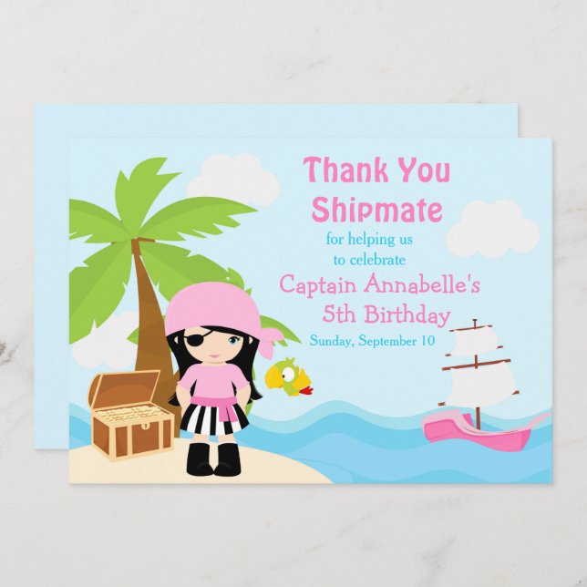 Cute Black Hair Pirate Girl Birthday Party Thank You Card (Front/Back)