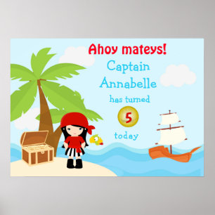 Cute Black Hair Pirate Girl in Red Birthday Poster
