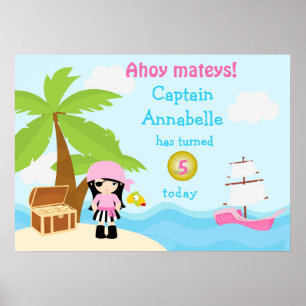 Cute Black Hair Pirate Girl Pink Birthday Poster