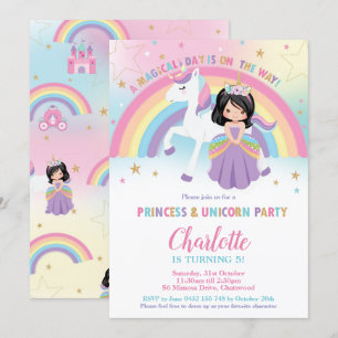 Cute Black Hair Princess Unicorn Rainbow Birthday Invitation