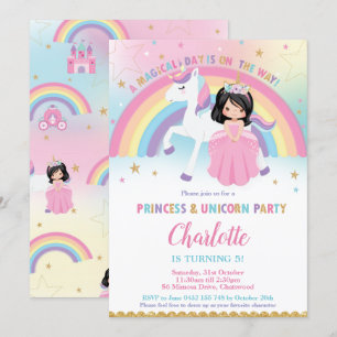 Cute Black Hair Princess Unicorn Rainbow Birthday Invitation