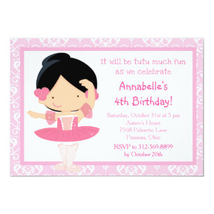 Cute Black Haired Ballerina and Pink Damask Invitation