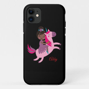 Cute Black Haired Girl Riding on a Unicorn iPhone 11 Case