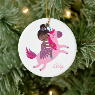 Cute Black Haired Girl Riding on a Unicorn Ceramic Ornament