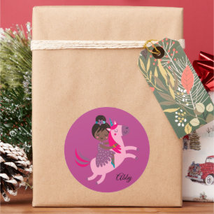 Cute Black Haired Girl Riding on a Unicorn Classic Round Sticker