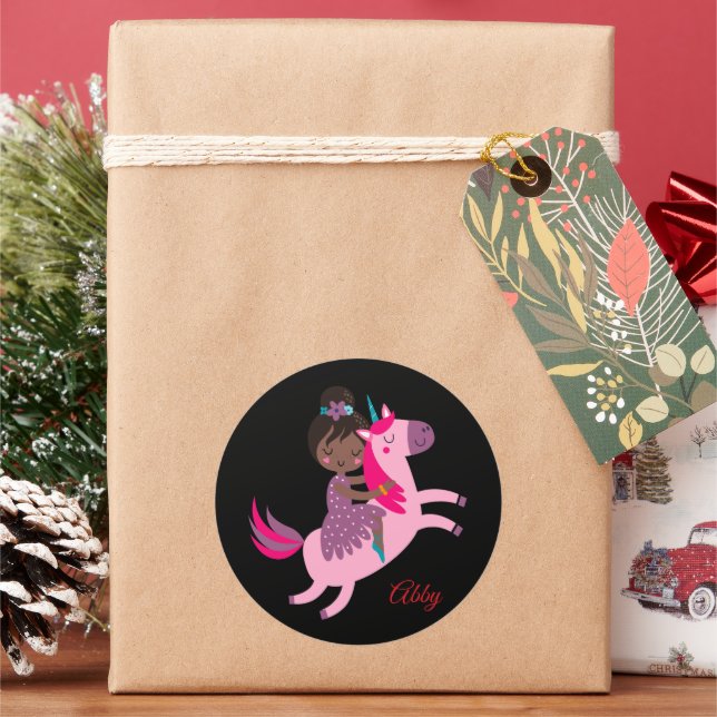 Cute Black Haired Girl Riding on a Unicorn Classic Round Sticker (Holiday)