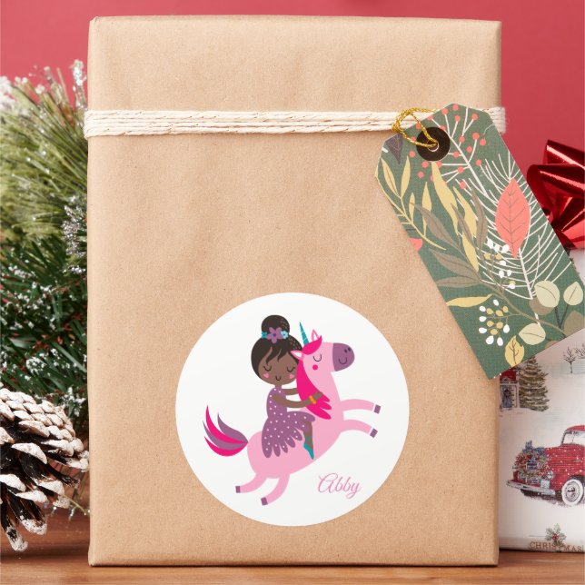 Cute Black Haired Girl Riding on a Unicorn Classic Round Sticker (Holiday)