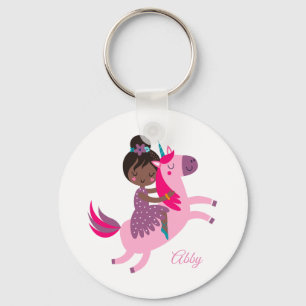Cute Black Haired Girl Riding on a Unicorn Key Ring