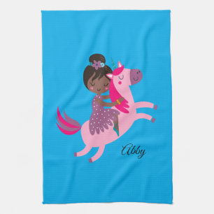 Cute Black Haired Girl Riding on a Unicorn Tea Towel