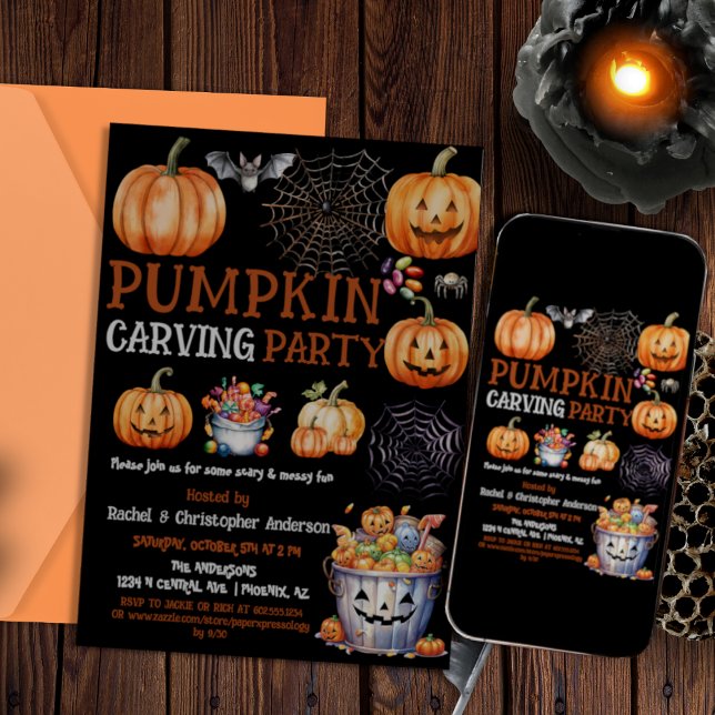 Cute Black Halloween Pumpkin Carving Party Kids Invitation (Creator Uploaded)
