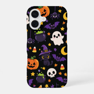 Cute Black Halloween Witch Cat Ghost Pumpkin iPhone 16 Case