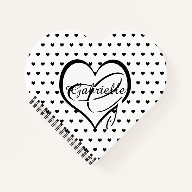 Cute Black Hearts on White Heart Name Monogram Notebook (Front)